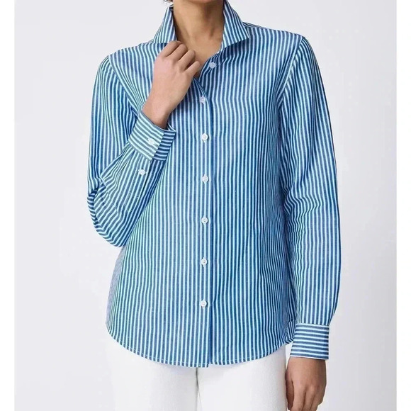 KARL RIEMAN Striped Button Front Pinpoint Oxford Shirt  Blue White Stripes Sz S - Picture 8 of 8